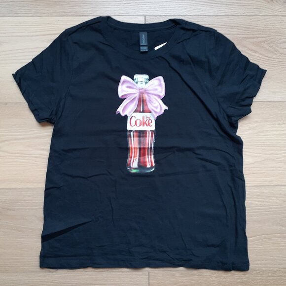 New Ladies Large - Diet Coke Bottle with Pink Coquette Bow - Black T-Shirt - Picture 1 of 4